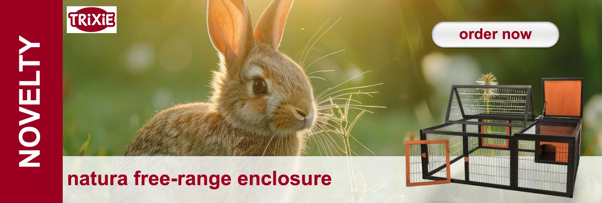 A brown rabbit in front of a light green background with a rabbit hutch in the background.