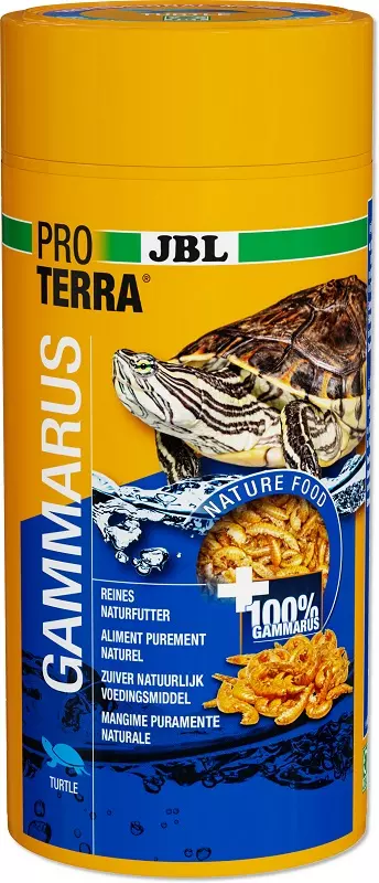 Gelbe JBL Gammarus Futterdose mit Schildkröte und getrockneten Gammarus.