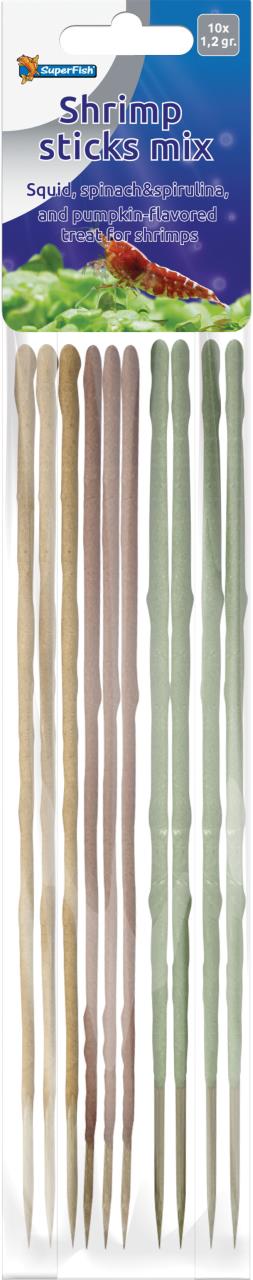 Verpackung von SuperFish Garnelen-Sticks Mix: braune, gelbe und grüne Futterstäbchen als Ergänzungsfutter für Garnelen.