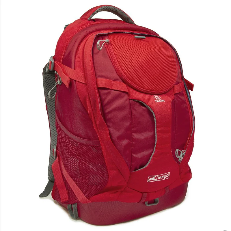 Red Kurgo backpack, front view, with mesh pocket and logo.
