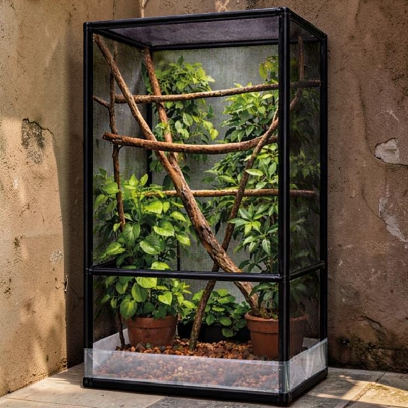 Hohes, rechteckiges Terrarium mit schwarzem Rahmen und klaren Wänden steht draußen an einer rauen, beigen Wand. Innen üppige Grünpflanzen in Tontöpfen, umgeben von dicken, kahlen Ästen. Boden mit rötlich-braunen Kieseln.