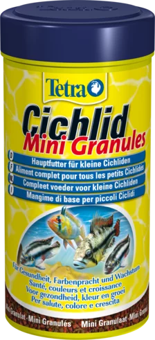Scatola di latta gialla Tetra Cichlid Mini Granules con coperchio blu e immagine di ciclidi.