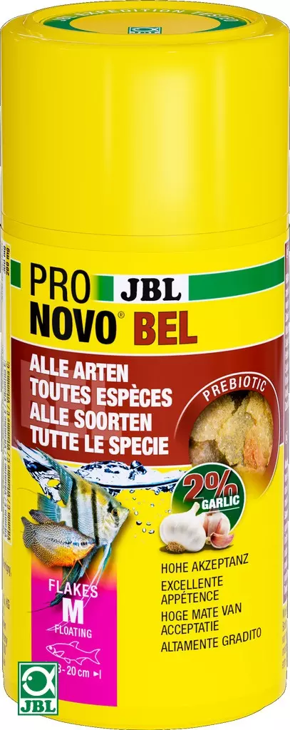 Boîte jaune JBL PRONOVO BEL FLAKES M avec poissons et illustration d'ail.