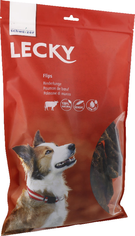 Verpackung Lecky Flips Rinderlunge mit Hund und Kauartikel im Sichtfenster. Text: Rinderlunge, 100% natürlich und fettarm.
