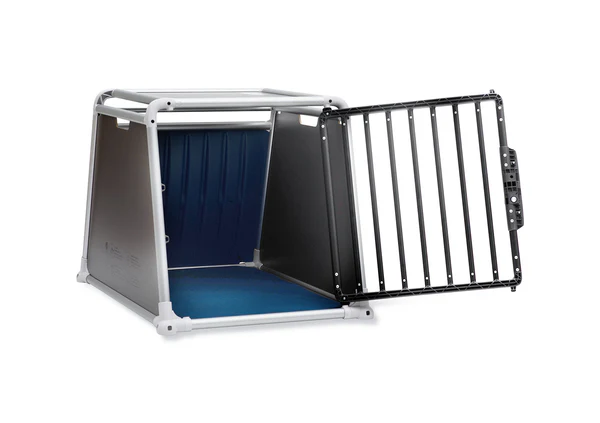 Opened Alu4pets ECO 3 dog crate with blue interior and mesh door, suitable for safe dog transport in the car.