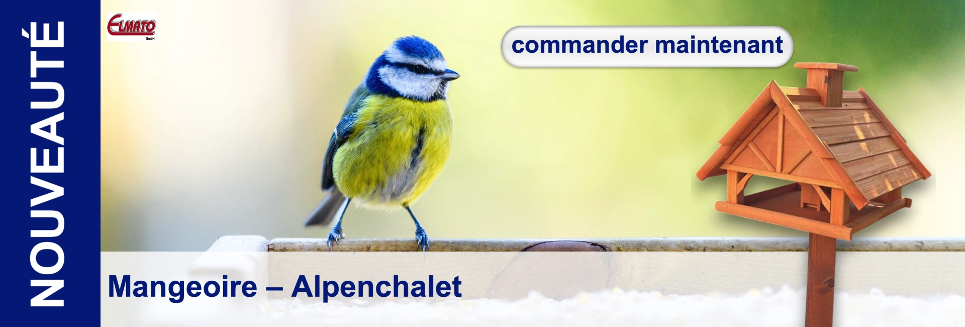 Mésange bleue sur table de nourrissage à côté d'une volière de style chalet alpin, avec l'inscription "commander maintenant".
