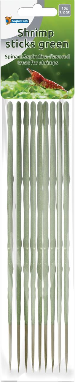 Verpackung SuperFish Garnelenfutter: Grüne Sticks, Spirulina-Geschmack. Oben Garnele im Aquarium abgebildet.