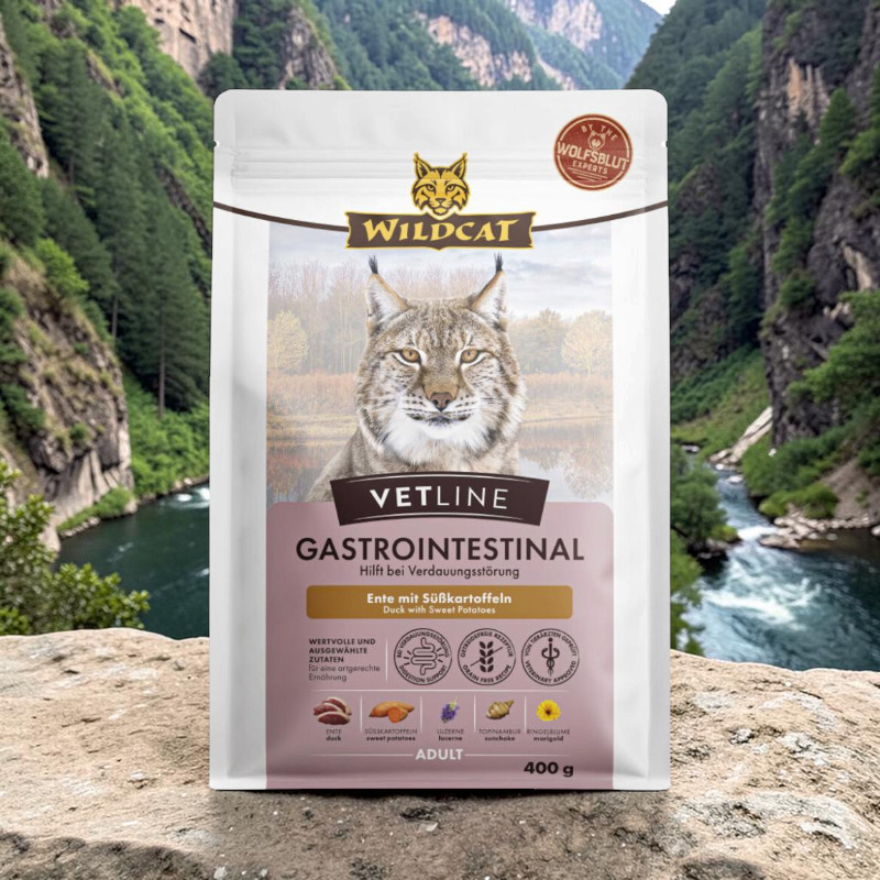 White stand-up pouch featuring Wildcat Vetline cat food for digestive problems, depicted on a rock. A majestic lynx is pictured. Clearly legible: ‘Gastrointestinal – Duck with sweet potatoes’. A river in a green mountain gorge.