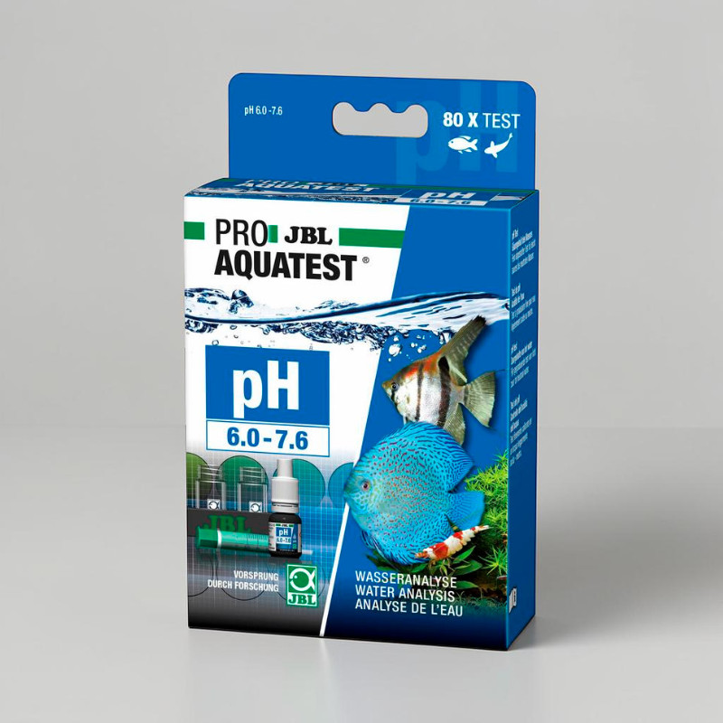 Verpackung des JBL ProAquaTest pH 6.0-7.6 für Aquarien. Blaue Box mit Messbereich pH 6.0-7.6 und "80 x Test". Abgebildet: Messküvetten, Pipettenflasche, Spritze sowie Diskus, Skalar und Garnele.