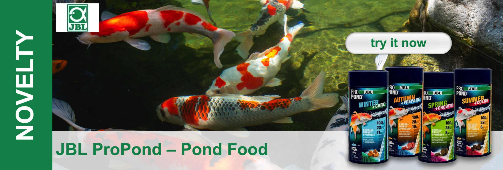 A pond with koi carp, next to packs of JBL ProPond food for winter, autumn, spring and summer.