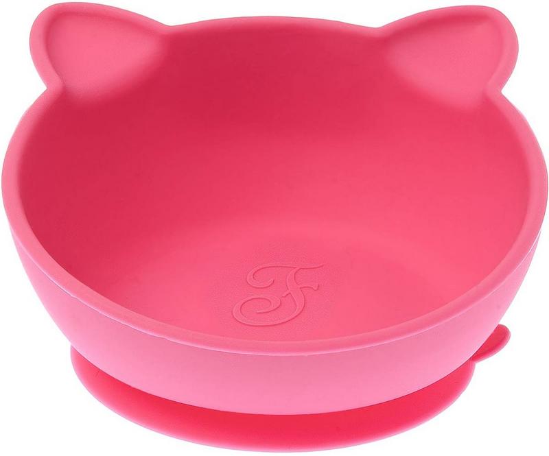 Leuchtend pinke Katzennapfschale aus Silikon, mit Rand in Form eines Katzenkopfs mit spitzen Ohren. Robuste Futterschale mit breiter, dunkler pinker Basis für stabilen Halt und feiner F-Prägung innen. Ideal für Futter oder Wasser.