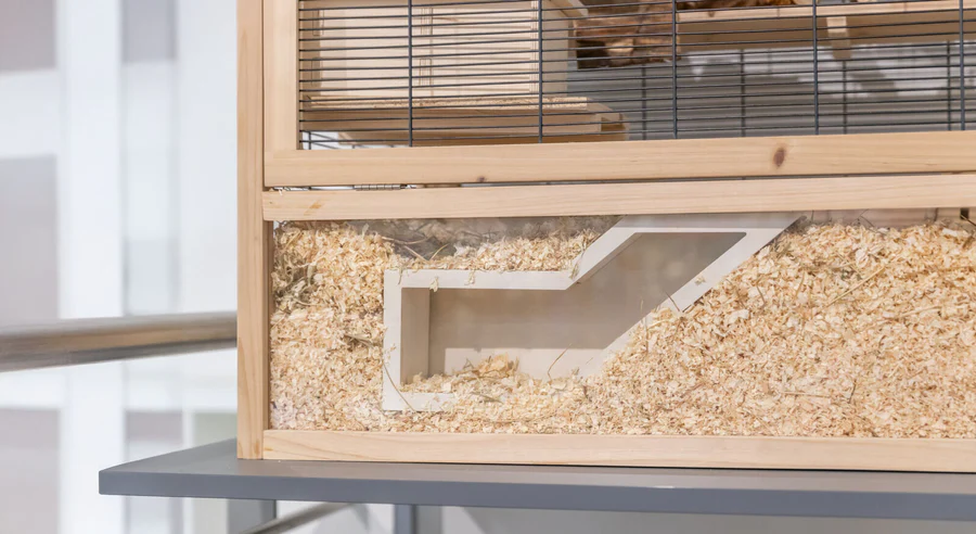 Primo piano di una gabbia per roditori a più livelli in legno chiaro, con uno spesso strato di trucioli di legno chiaro sul fondo. Una struttura a tunnel bianca a gradini è incastonata nella lettiera. Sopra di essa si trova un elemento a griglia.