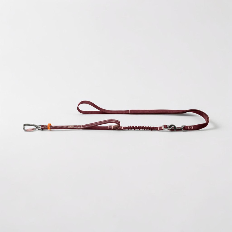 Laisse pour chien Action couleur baie, profil plat sur fond clair. Détails réfléchissants, amortisseur de secousses intégré, dragonne rembourrée en néoprène et poignée supplémentaire pour tenue courte. Mousqueton sécurité alu repère orange.