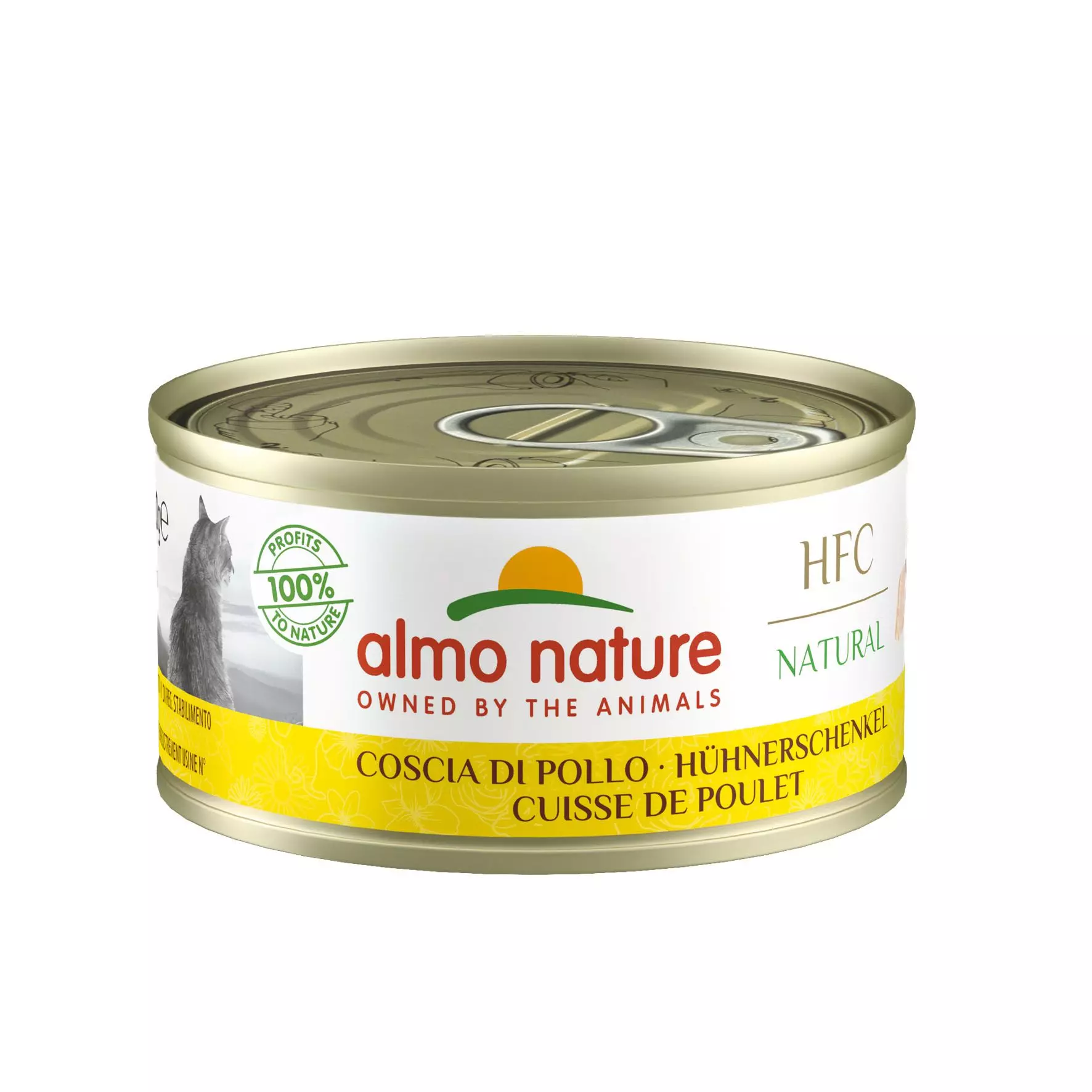Close-up of a can of Almo Nature HFC Natural cat food with chicken flavour.