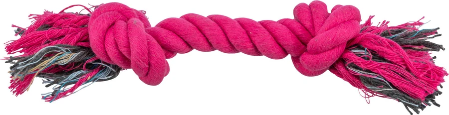 Corde de jeu robuste pour chien, tressée à partir de coton rose vif et de polyester plus foncé. Les deux extrémités sont solidement nouées et se terminent par des touffes de fibres effilochées multicolores – idéale pour tirer et rapporter.