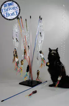 Katzenspielangel mit Fellknäuel und Satinbändern