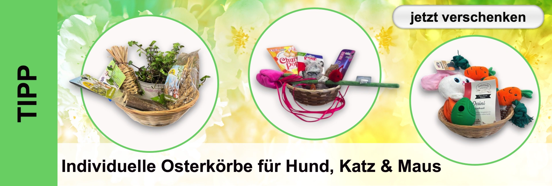 Drei Körbe mit Tierbedarf, darunter Spielzeug, Snacks und Pflanzen, auf gelb-grünem Hintergrund mit Blüten.