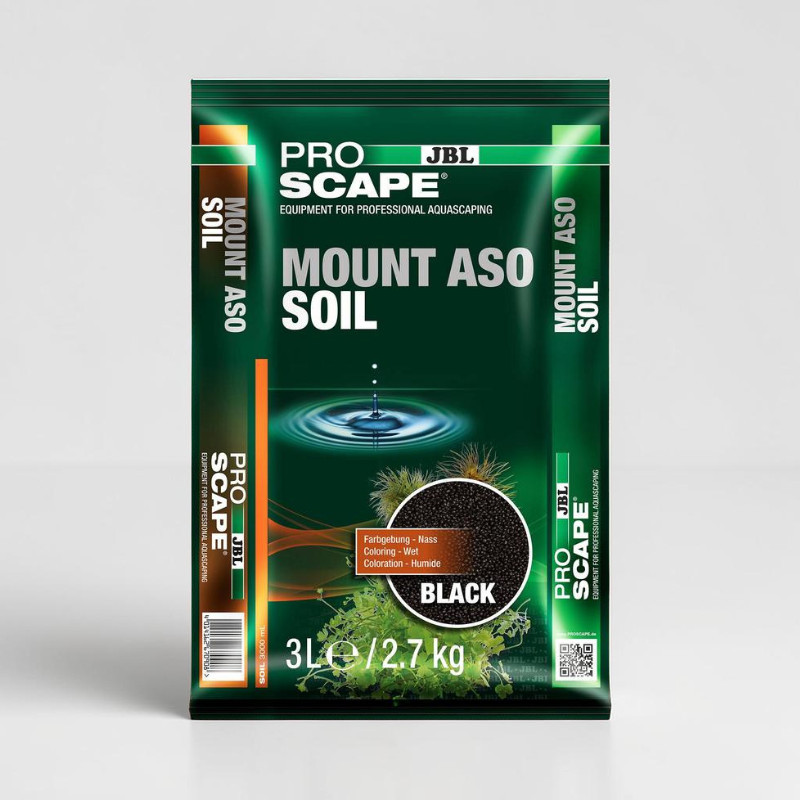 Emballage vert foncé du JBL ProScape Mount Aso Soil pour l'aquascaping, avec logo et illustration d'une goutte d'eau en ondulations. Détail : substrat volcanique noir fin, plantes aquatiques vertes, 3 L / 2,7 kg.