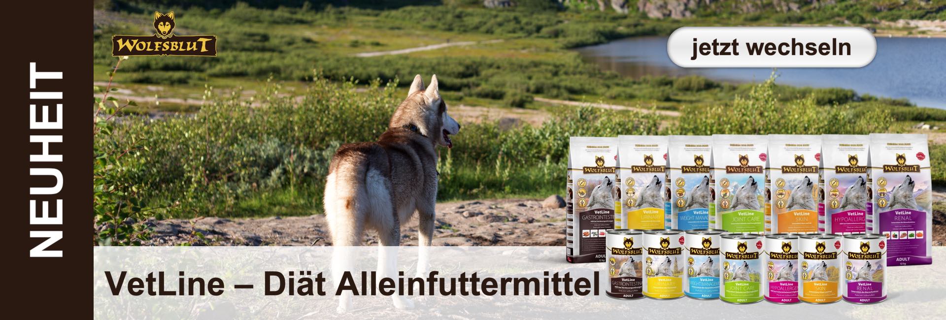 Paesaggio con un Husky, prodotti alimentari per cani e il testo "cambia ora".