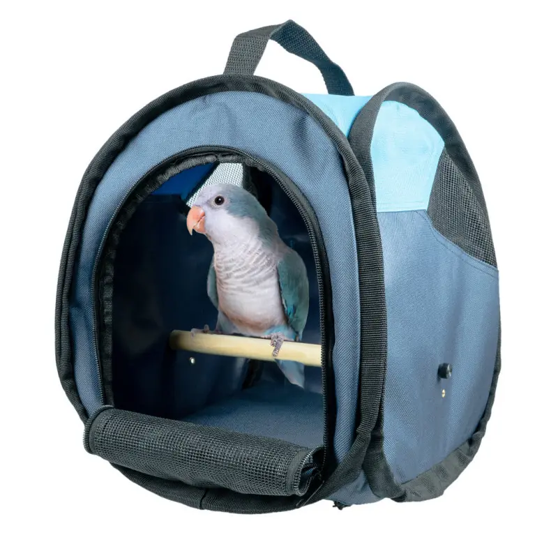 A light blue parrot sits on a perch in a blue carrier bag for birds.