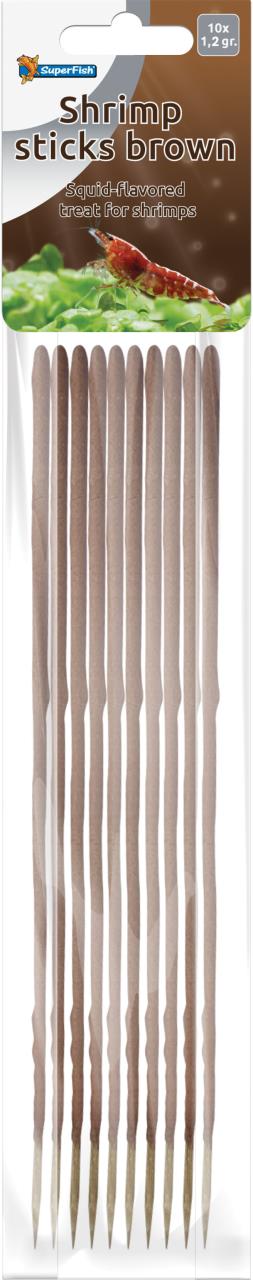 Verpackung SuperFish Shrimp Sticks, braune Variante. Zehn längliche Futter-Sticks in durchsichtiger Verpackung. Shrimp im Hintergrund.