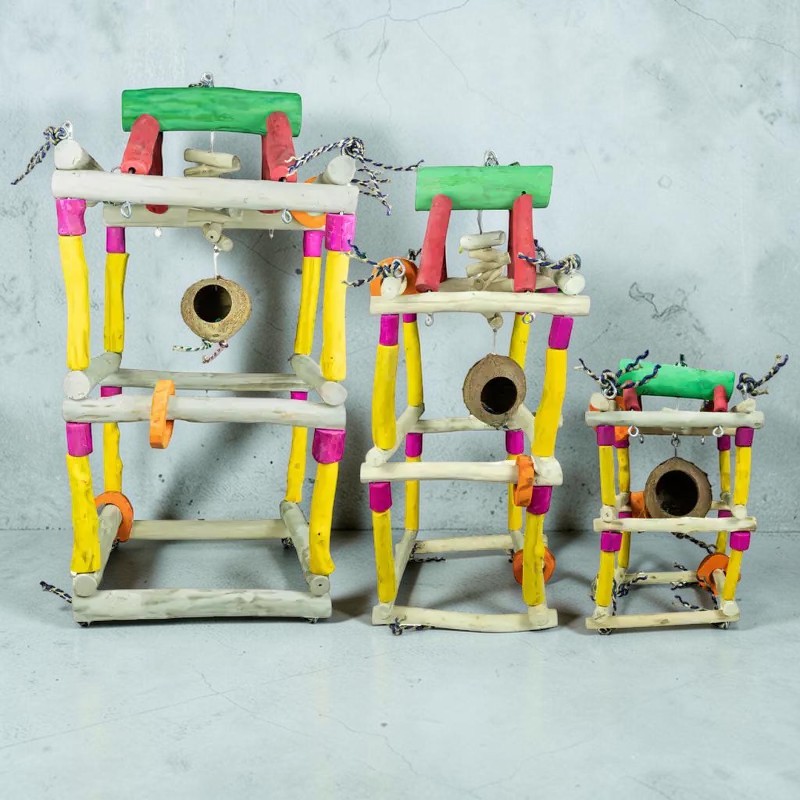 Trois structures ludiques pour oiseaux en bois, de hauteurs différentes, sont devant un mur gris. Elles ont des perchoirs naturels et colorés (jaune, magenta, rouge, vert), des coques de noix de coco et des anneaux en bois orange.