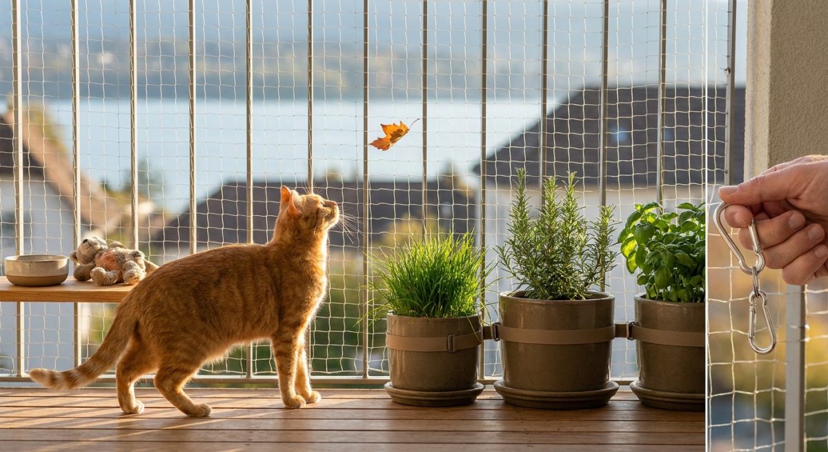 Balkon katzensicher machen: Netz, Pflanzen, Gefahren prüfen