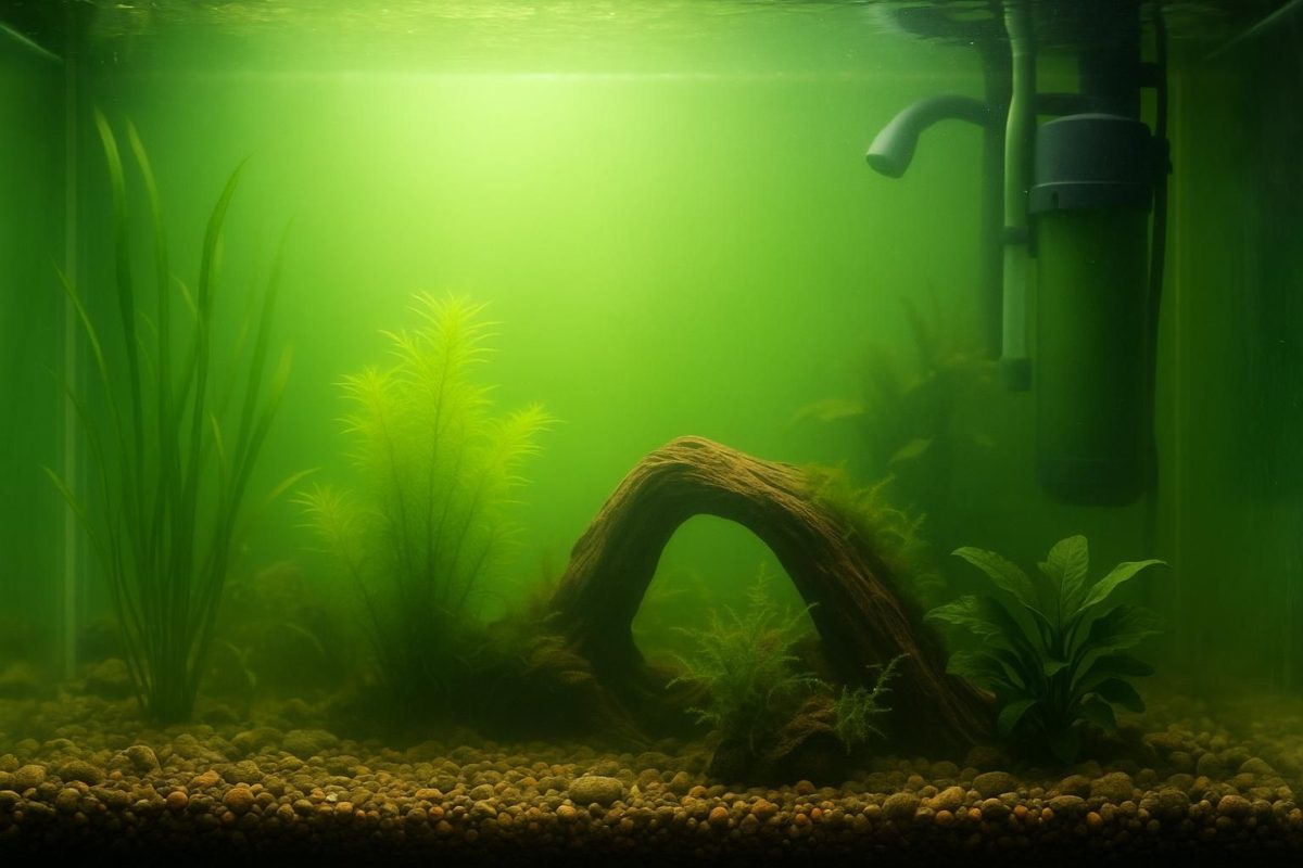 Nahaufnahme eines Süsswasseraquariums mit sichtbar trübem, grünlichem Wasser, das durch eine Algenblüte verursacht wird. Im Bild sind Wasserpflanzen, Bodengrund, Deko und Filterausrüstung zu sehen, aber keine Fische. Die grüne Trübung im Wasser steht im Fokus, mit sanftem Lichteinfall von oben.